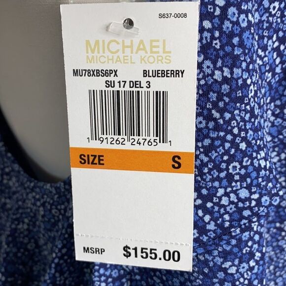 MICHAEL KORS Blue Floral Print Ruffle Trim Cold Shoulder Poly Chiffon Dress - Picture 10 of 12